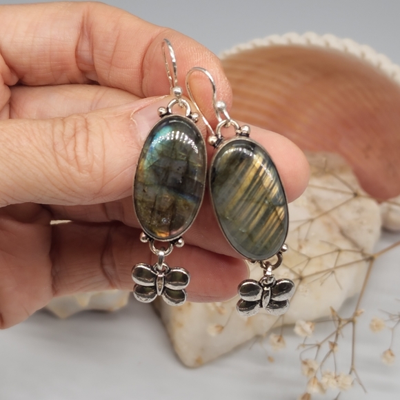 Genuine Large Labradorite Crystals Genuine Stones Silver Earrings Butter… - Picture 6 of 10